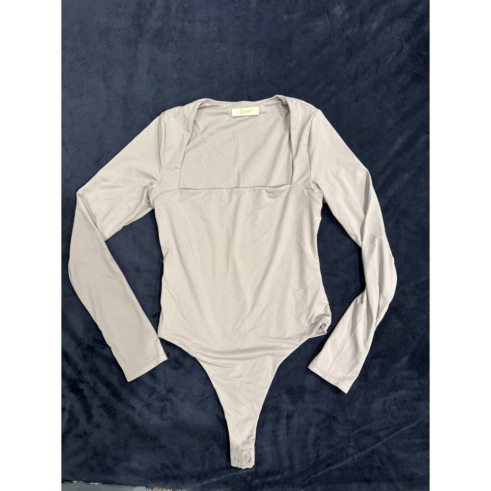 Qinsen Womens Square Neck Long Sleeve Bodysuit Taupe Neutral XL Snaps Thong(516)
